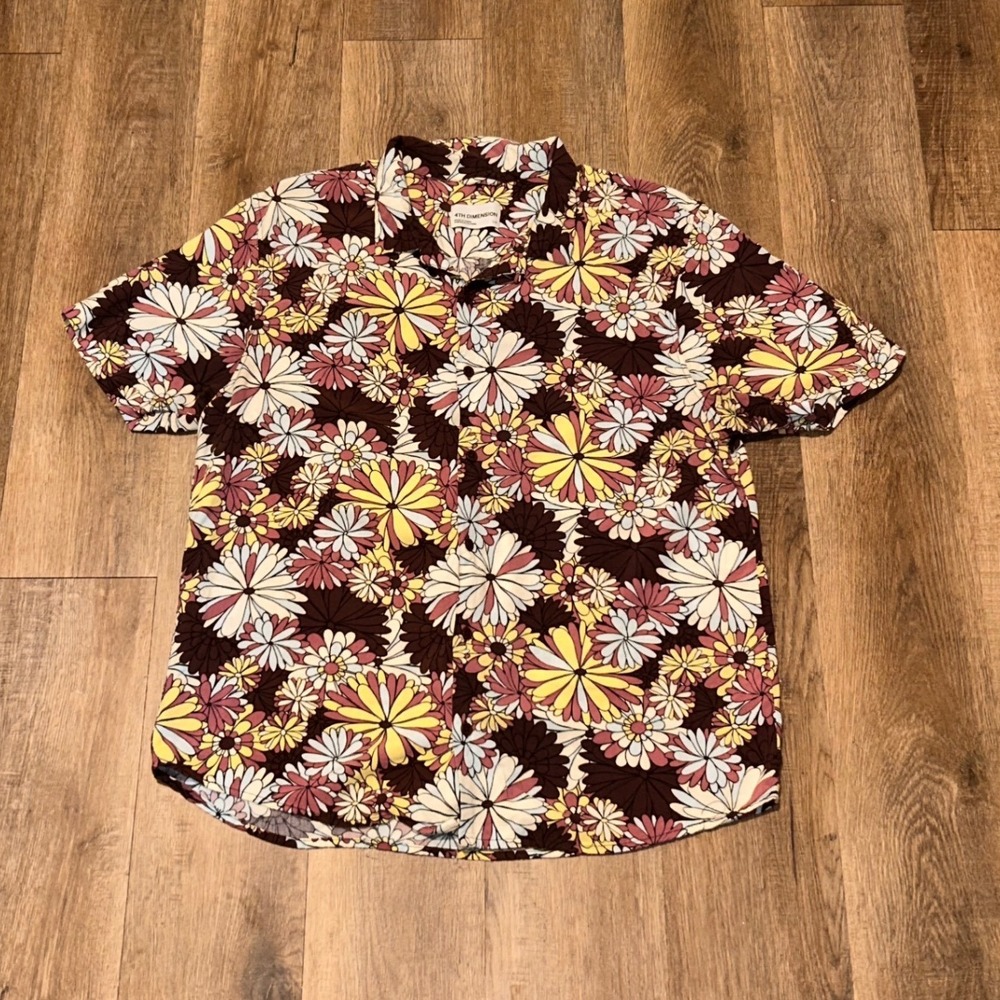 4th Dimension Mens Large Floral Daisy Rayon Button Down Shirt Brown MWA66FD